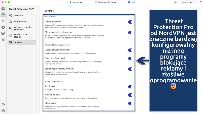 Screenshot of the Threat Protection Pro settings on the NordVPN app
