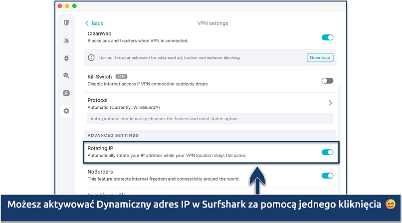 Screenshot of the Rotating IP option on the Surfshark settings menu