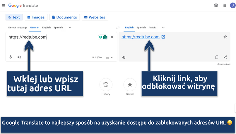 Screenshot showing the Google Translate interface typing in RedTube