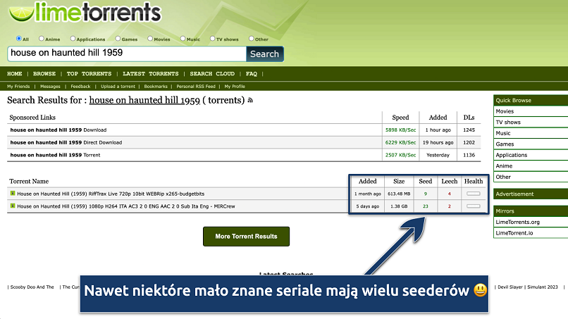 Screenshot of the eztv search results page