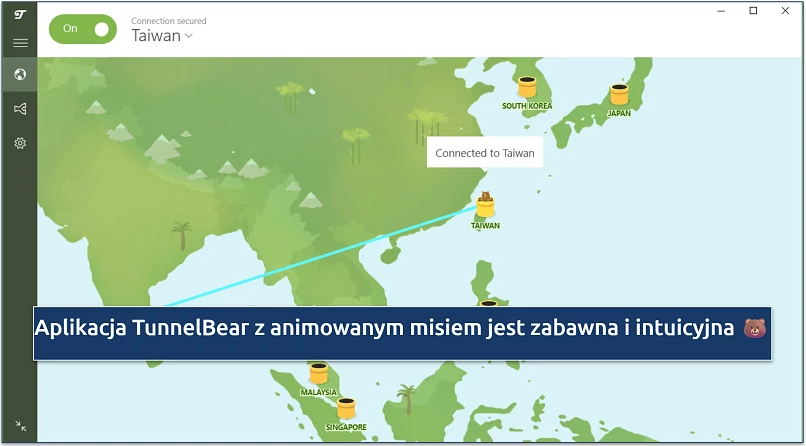 Screenshot of TunnelBear connected to Taiwan server