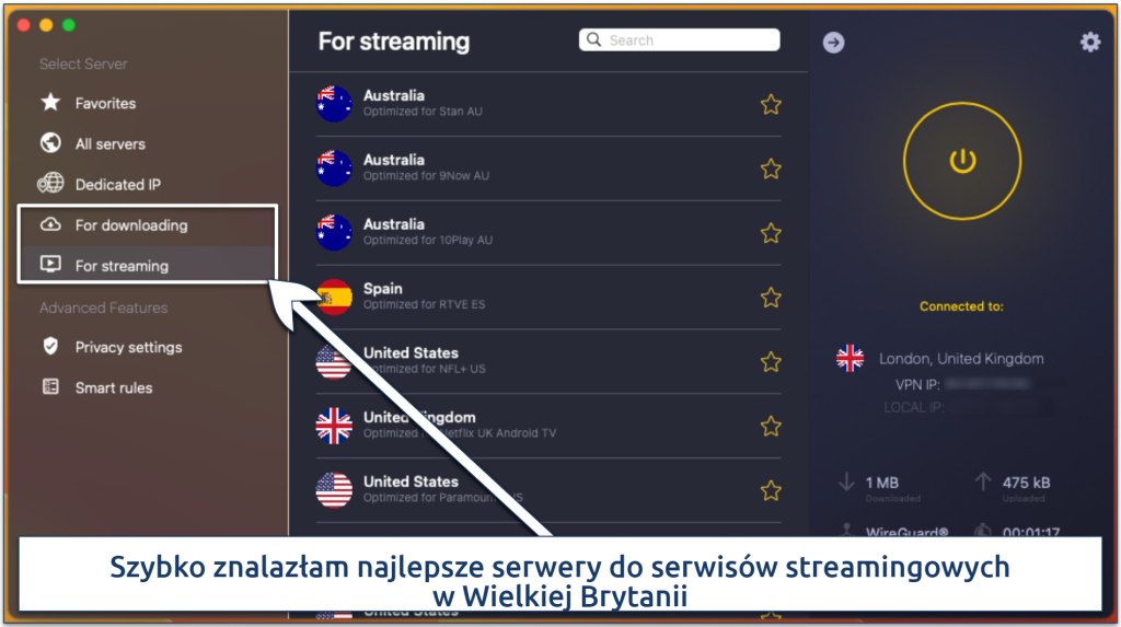 Zrzut ekranu serwerów zoptymalizowanych do streamingu w aplikacji macOS CyberGhost