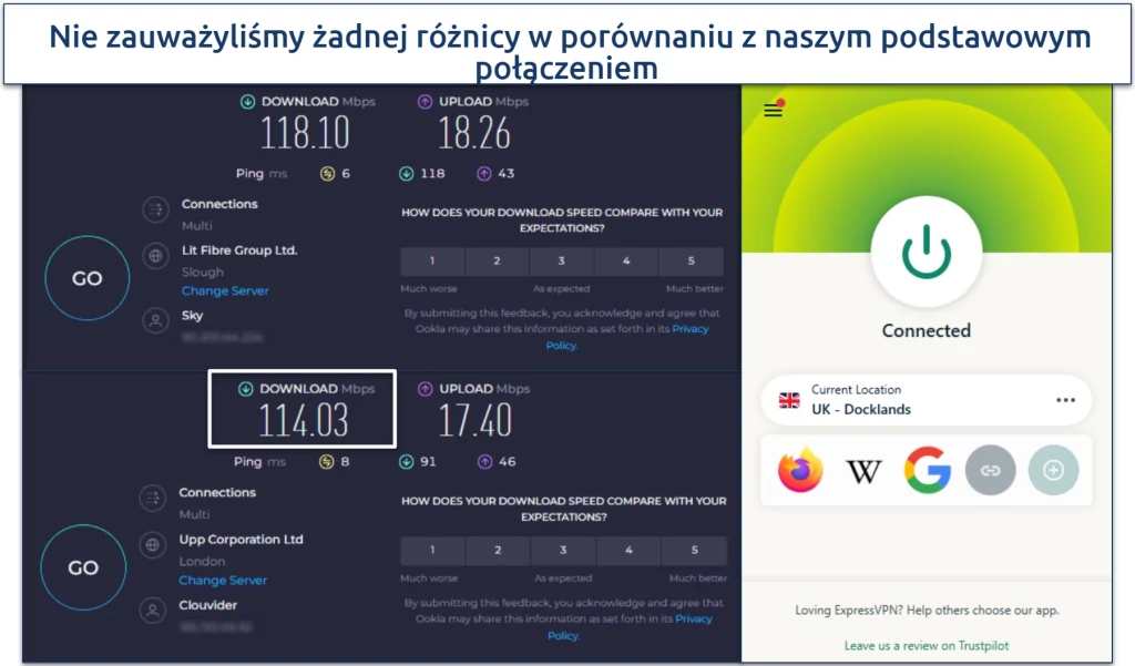 Zrzut ekranu testu prędkości serwerów ExpressVPN w UK