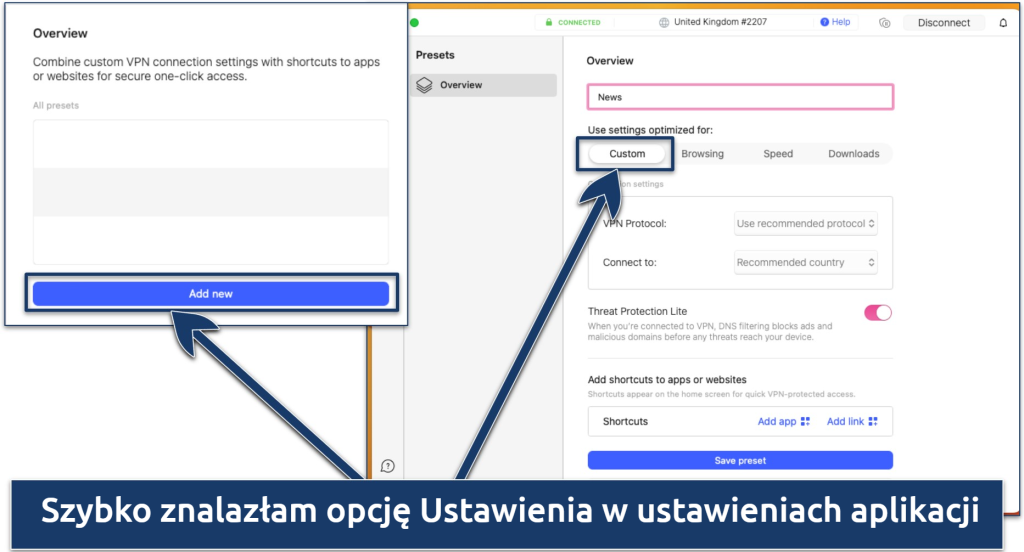 Zrzut ekranu opcji Presets w aplikacji NordVPN