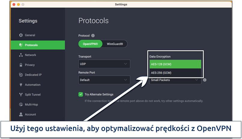 Zrzut ekranu z ustawieniami PIA umożliwiającymi dostosowanie szyfrowania i protokołów