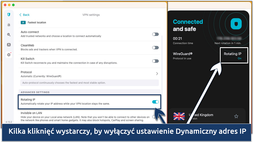 Zrzut ekranu z funkcją Zmiennych IP w aplikacji Surfshark