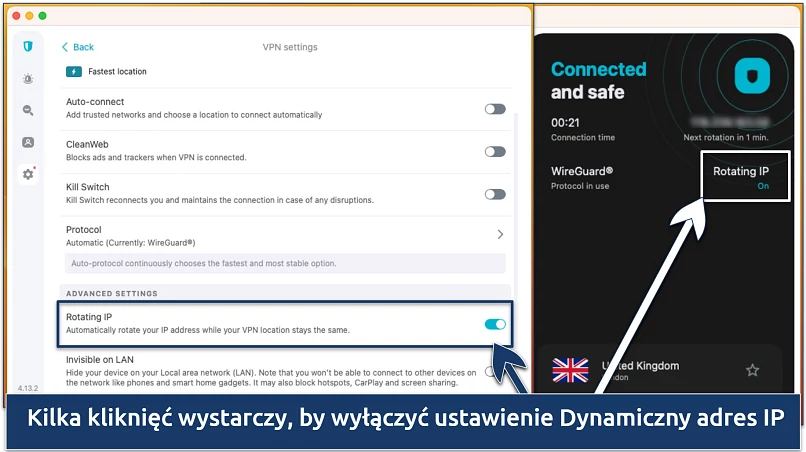 Zrzut ekranu z funkcją Zmiennych IP w aplikacji Surfshark