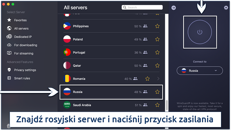 Zrzut ekranu przedstawiający listę serwerów CyberGhost