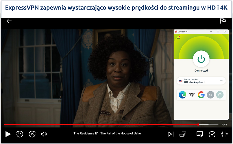 Zrzut ekranu z serialem Rezydencja na Netflix oglądanym w trakcie połączenia z serwerem ExpressVPN USA - Los Angeles - 1