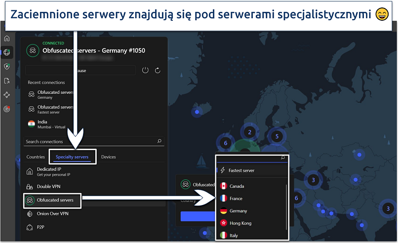 Image showing obfuscated servers highlighted on the main NordVPN app interface