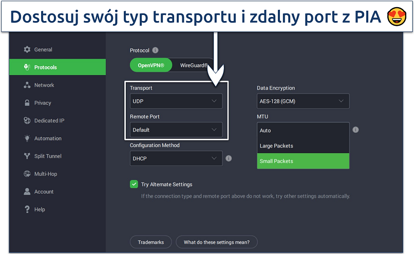 Image showing customizable settings of PIA
