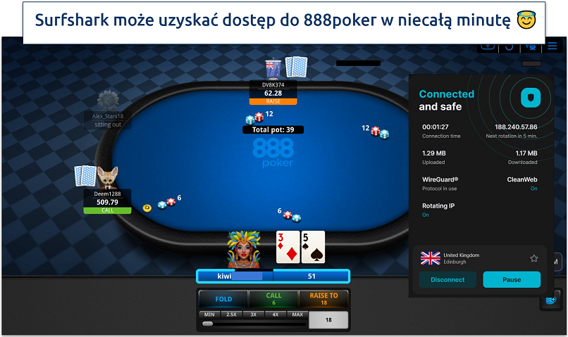 Image showing Surfshark accessing 888 poker with its United Kingdom server