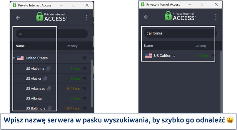 Screenshot of Private Internet Access' Windows app highlighting how to use the server search bar