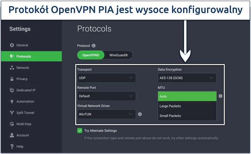 Screenshot of PIA's protocol settings page with its OpenVPN customization options