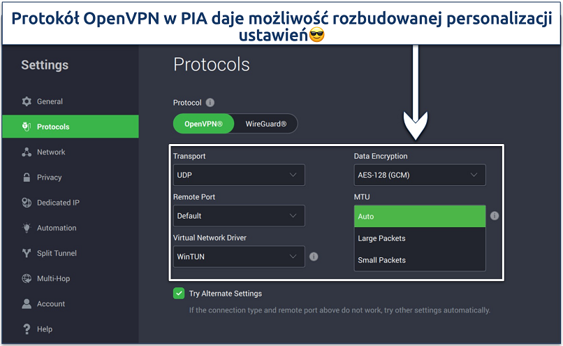 Screenshot of PIA's protocol settings page with its OpenVPN customization options