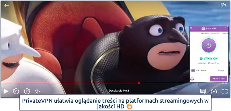 Screenshot of streaming Despicable Me 3 with Private VPN connected