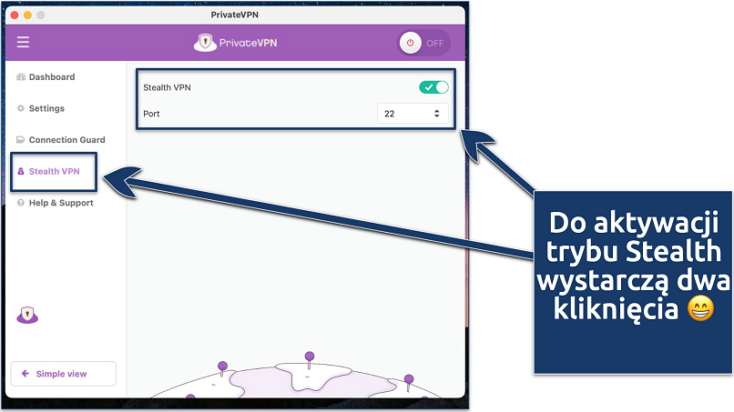 Screenshot of PrivateVPN's macOS app with Stealth VPN settings enabled