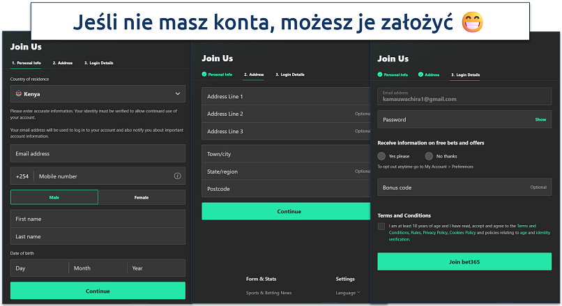 Screenshot showing the bet365 signup form for new users