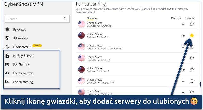 Screenshot of CyberGhost's list of specialized servers